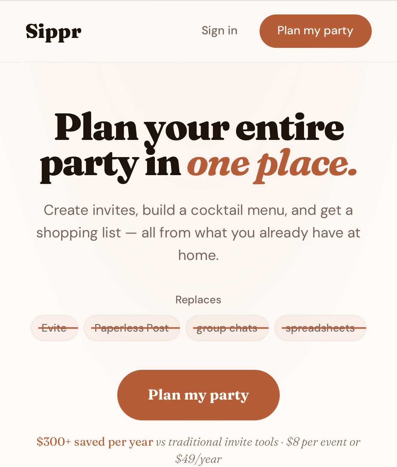 Sippr homepage — Plan your entire party in one place